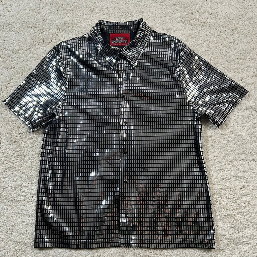Vintage Lip Service Snap Up Shirt Large Silver‎ Sequin Mirror Tile Metallic